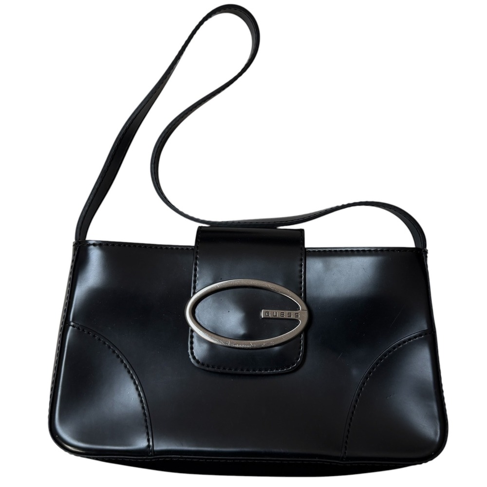 Guess Vintage Y2K Black Mini Faux Leather Baguette Shoulder Bag Silver Oval G